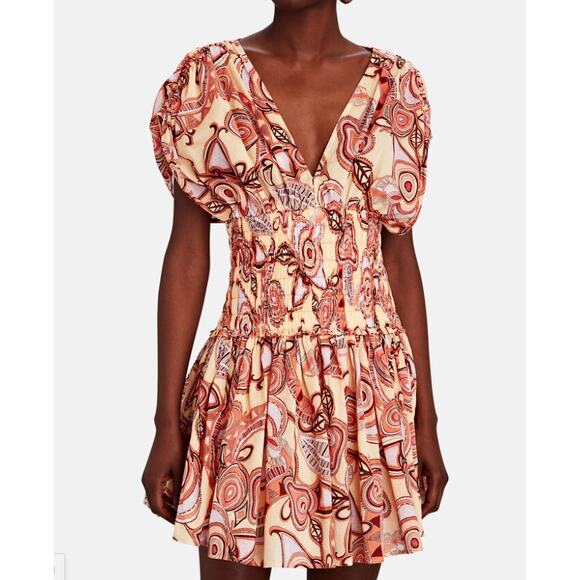 NWT A.L.C. Luna Mini Dress Smocked Ruched Ruffle ALC V-Neck Paisley Print sz S 4 - Picture 10 of 15